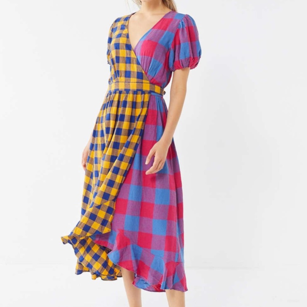 Women's Uo Anna Linen Mixed Plaid Midi Wrap Dress